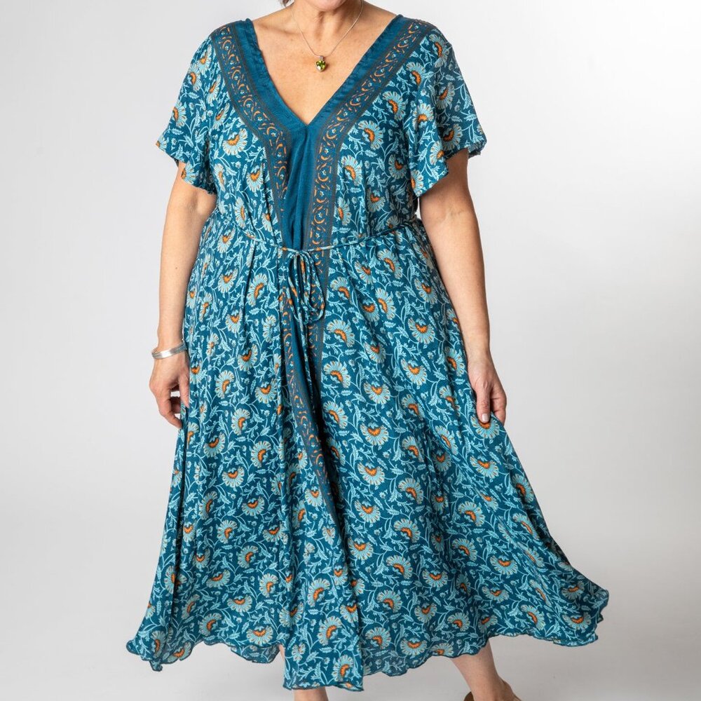 Mexicali Blues Flowy Sari Inspired Dress - Blue and Orange Fans (one size)